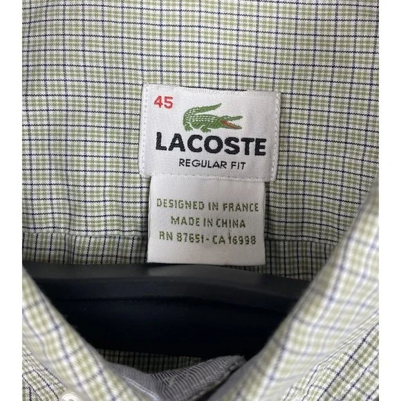 Lacoste Shirt Men's 45 XL XXL Regular Fit Short Sleeve Green Plaid Cotton Croc - Picture 4 of 7